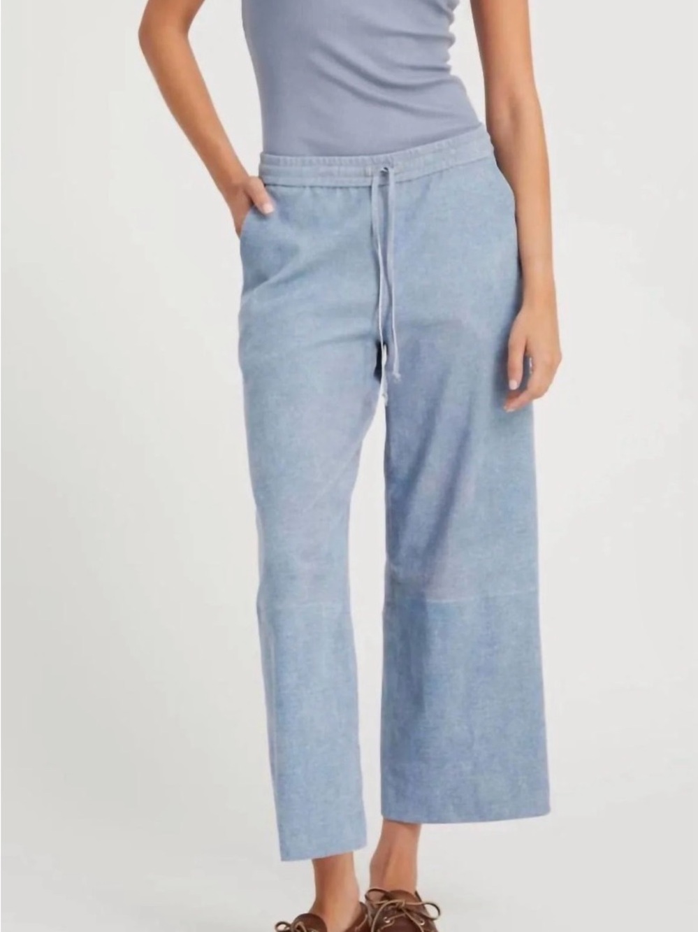 SPRWMN Wide Leg Drawstring Lounge Pants in Light Blue Suede